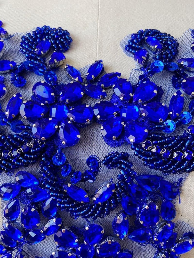 wtbvn Handmade Rhinestones lace Applique handsewing Beads Trim Patches Neckline for Dress Clothes Accessory (Blue) - Image 1